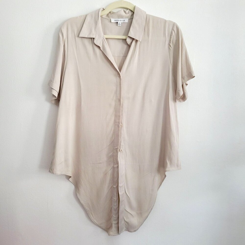 Beige Button Down Shirt Front-tie half sleeve rayon Summer Women Size M